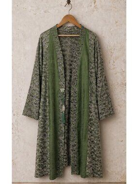 Anne Namba S M 100% Silk Kimono Duster Textured Geometric Japanese Green Vintage